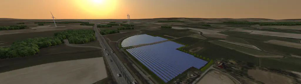 Visualisierung eines geplanten Solarparks bei Sonnenuntergang